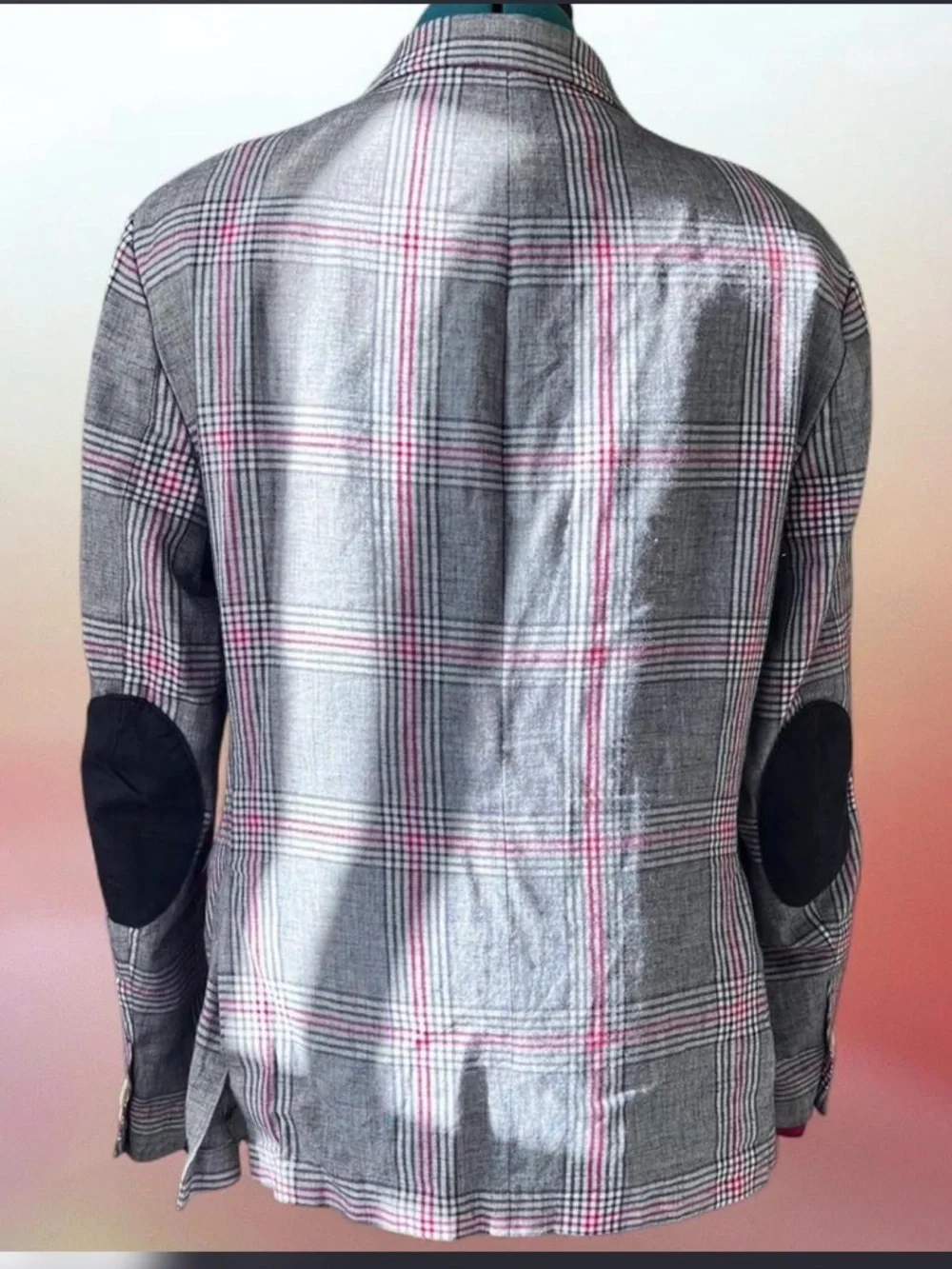 Zara Gray Plaid Sport Coat with Pink Windowpane and Navy Elbow Patches